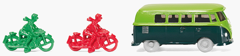 Summer Holidays at the Wannsee Set - Assembled -- Volkswagen Camper Van (2-Tone Green) & 2 Motorcycles w/Riders