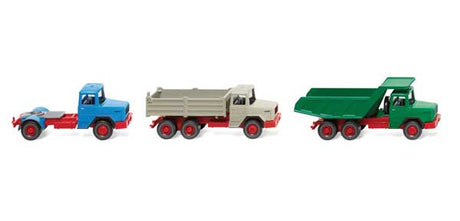 1970-1974 Magirus "Howler" 3-Truck Set - Assembled -- 1 Each: (blue, red), Dump (gray, red), Heavy Duty Dump (green. red)