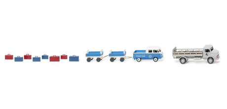 Dawn of the Jet Age Vehicle Set - Assembled -- Pan-Am Volkswagen Crew-Cab Pickup & 2 Loaded Trailers, Mercedes-Benz Beer Tr