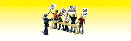 Scenic Accents(R) Figures -- Picket Line - 5 Workers Protesting Behind Barricade with 1 Police Officer