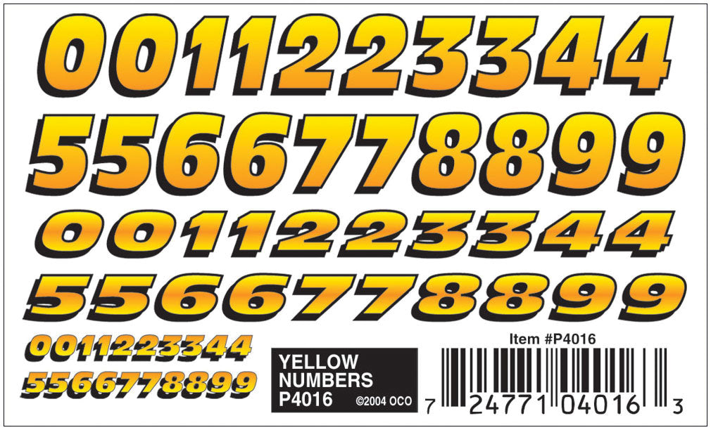 PineCar(R) Dry Transfer Decals -- Yellow Numbers