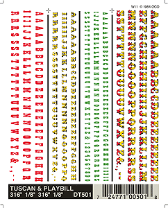 Dry Transfer Alphabet & Number Sets -- Tuscan & Playbill Type Faces (3/16 & 1/8"; red, green, yellow, 2-Tone)