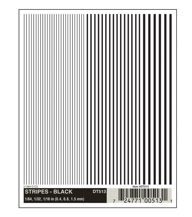 Dry Transfer Alphabet & Number Sets -- Stripes - Black 1/64, 1/32 & 1/16"