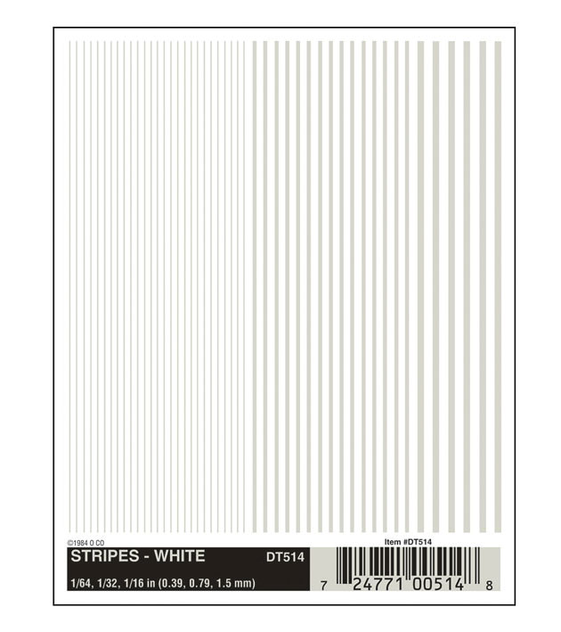 Dry Transfer Alphabet & Number Sets -- Stripes - White 1/64, 1/32 & 1/16"