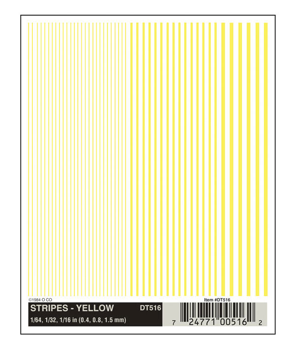 Dry Transfer Alphabet & Number Sets -- Stripes (yellow) 1/64, 1/32 & 1/16"