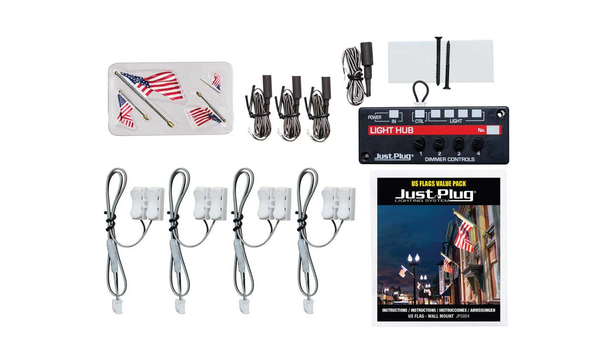 Wall-Mount US Flags - Just Plug Value Pack -- 1 Large, 2 Medium, 1 Small & Light Hub-3