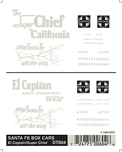 Dry Transfer Railroad Lettering Sets -- ATSF Boxcars - "El Capitan" & "Super Chief" w/Straight Line Map (white)