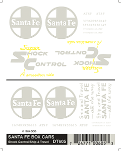 Dry Transfer Railroad Lettering Sets -- ATSF Boxcars ("Super Shock Control", "Ship & Travel"; Large Herald, whit