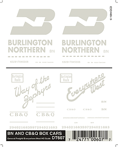Dry Transfer Railroad Lettering Sets -- BN & CB&Q Boxcars "Way of the Zephyrs", "Everywhere West" Slogans