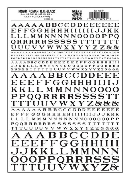 Dry Transfer Alphabet - Railroad Roman - 1/16, 3/32, 1/8, 3/16, 1/4 & 5/16" -- Black