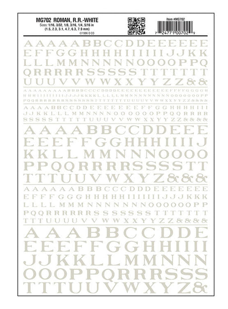 Dry Transfer Alphabet - Railroad Roman - 1/16, 3/32, 1/8, 3/16, 1/4 & 5/16" -- White