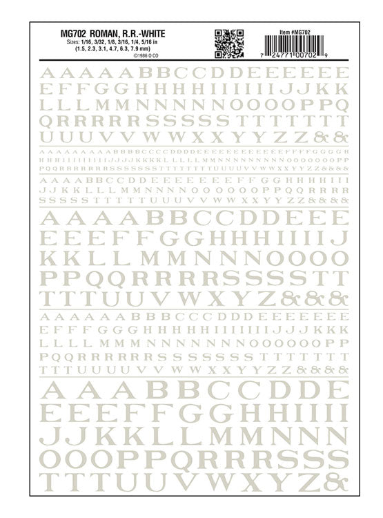 Dry Transfer Alphabet - Railroad Roman - 1/16, 3/32, 1/8, 3/16, 1/4 & 5/16" -- White