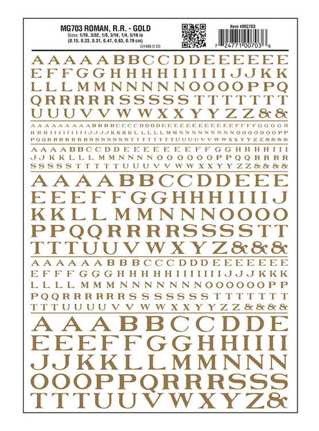 Dry Transfer Alphabet - Railroad Roman - 1/16, 3/32, 1/8, 3/16, 1/4 & 5/16" -- Gold