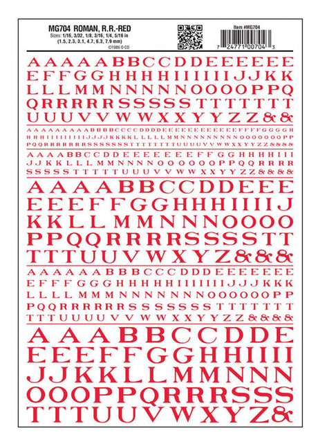 Dry Transfer Alphabet - Railroad Roman - 1/16, 3/32, 1/8, 3/16, 1/4 & 5/16" -- Red