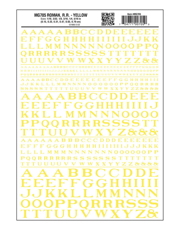 Dry Transfer Alphabet - Railroad Roman - 1/16, 3/32, 1/8, 3/16, 1/4 & 5/16" -- Yellow