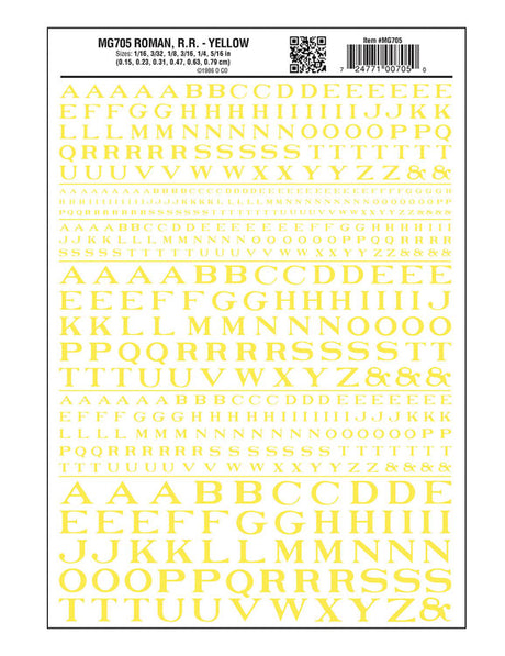 Dry Transfer Alphabet - Railroad Roman - 1/16, 3/32, 1/8, 3/16, 1/4 & 5/16" -- Yellow
