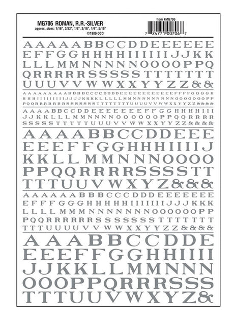 Dry Transfer Alphabet - Railroad Roman - 1/16, 3/32, 1/8, 3/16, 1/4 & 5/16" -- Silver