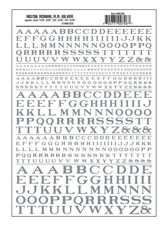 Dry Transfer Alphabet - Railroad Roman - 1/16, 3/32, 1/8, 3/16, 1/4 & 5/16" -- Silver
