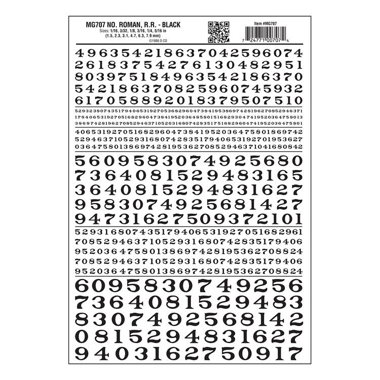 Dry Transfer Numbers - Railroad Roman - 1/16, 3/32, 1/8, 3/16, 1/4 & 5/16" -- Black
