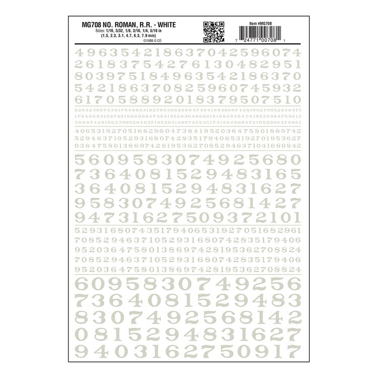 Dry Transfer Numbers - Railroad Roman - 1/16, 3/32, 1/8, 3/16, 1/4 & 5/16" -- White
