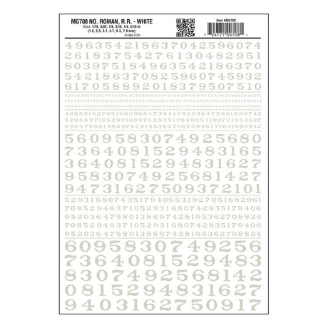 Dry Transfer Numbers - Railroad Roman - 1/16, 3/32, 1/8, 3/16, 1/4 & 5/16" -- White