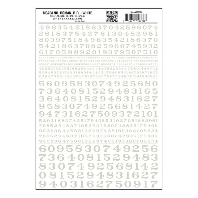 Dry Transfer Numbers - Railroad Roman - 1/16, 3/32, 1/8, 3/16, 1/4 & 5/16" -- White