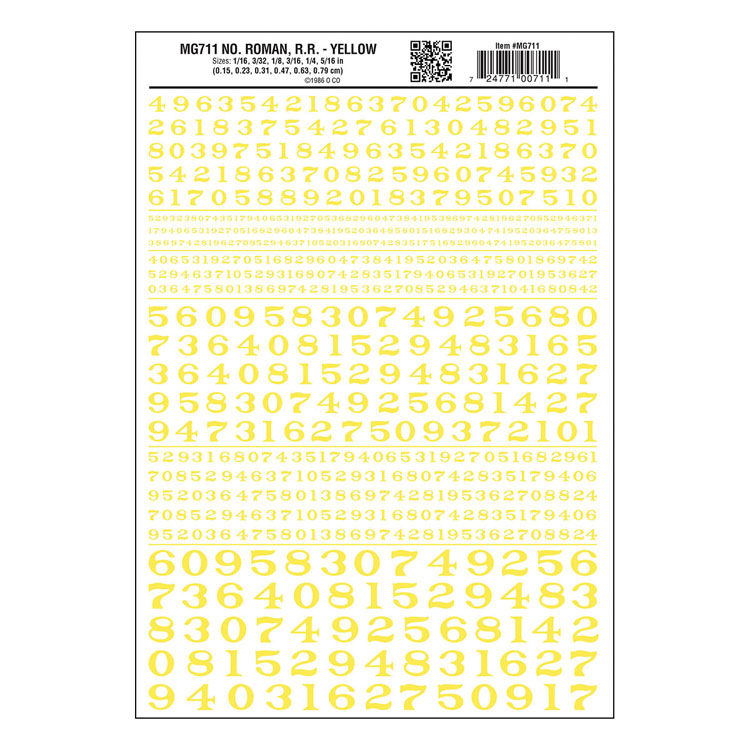 Dry Transfer Numbers - Railroad Roman - 1/16, 3/32, 1/8, 3/16, 1/4 & 5/16" -- Yellow