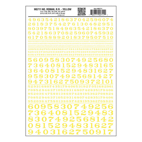 Dry Transfer Numbers - Railroad Roman - 1/16, 3/32, 1/8, 3/16, 1/4 & 5/16" -- Yellow