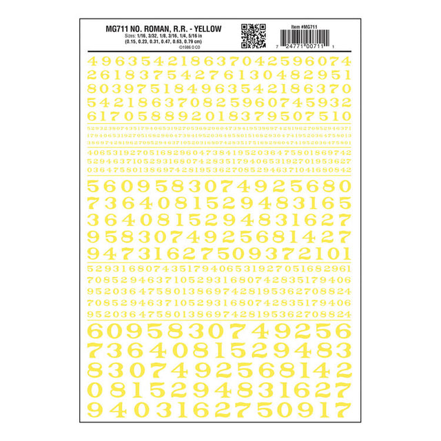 Dry Transfer Numbers - Railroad Roman - 1/16, 3/32, 1/8, 3/16, 1/4 & 5/16" -- Yellow