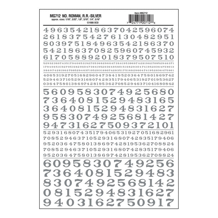Dry Transfer Numbers - Railroad Roman - 1/16, 3/32, 1/8, 3/16, 1/4 & 5/16" -- Silver