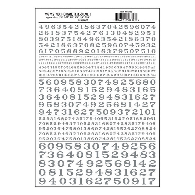 Dry Transfer Numbers - Railroad Roman - 1/16, 3/32, 1/8, 3/16, 1/4 & 5/16" -- Silver