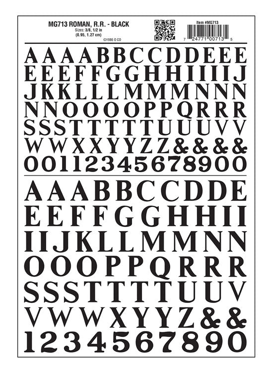 Dry Transfer Alphabet & Numbers - Railroad Roman (3/8 & 1/2") -- Black