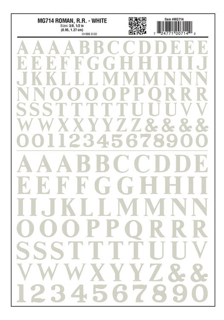 Dry Transfer Alphabet & Numbers - Railroad Roman (3/8 & 1/2") -- White