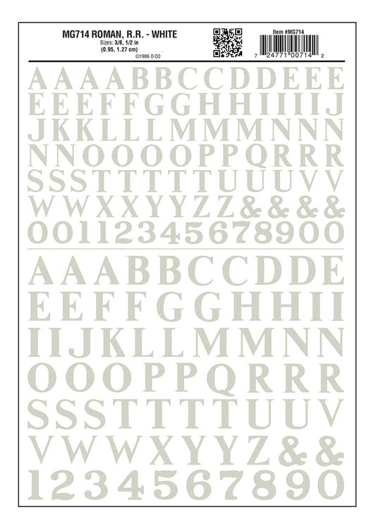 Dry Transfer Alphabet & Numbers - Railroad Roman (3/8 & 1/2") -- White