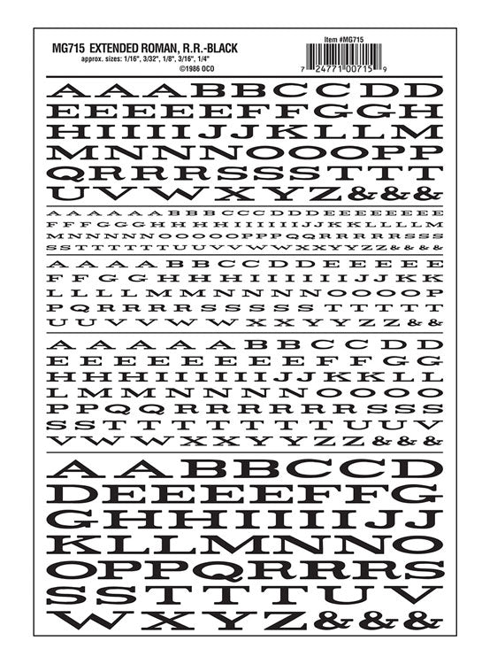 Dry Transfer Alphabet & Numbers - Extended Railroad Roman -- Black
