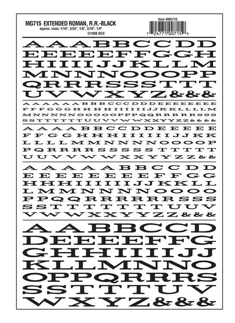 Dry Transfer Alphabet & Numbers - Extended Railroad Roman -- Black