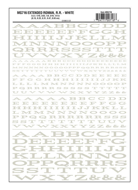 Dry Transfer Alphabet & Numbers - Extended Railroad Roman -- White