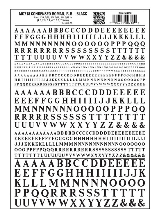 Dry Transfer Alphabet & Numbers - Condensed Railroad Roman -- Black