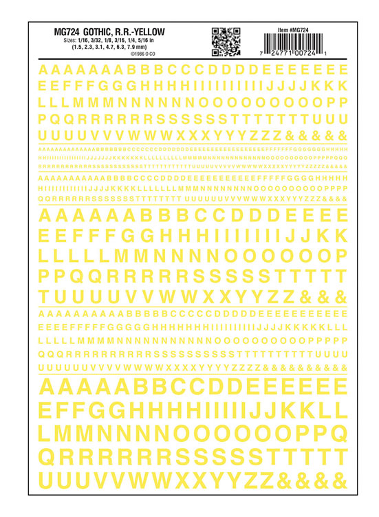 Dry Transfer Alphabet & Numbers - Railroad Gothic -- Yellow