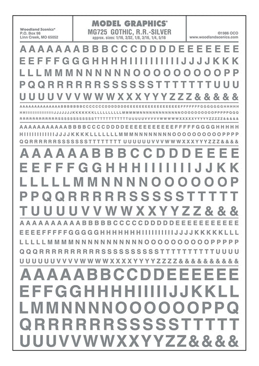 Dry Transfer Alphabet & Numbers - Railroad Gothic -- Silver