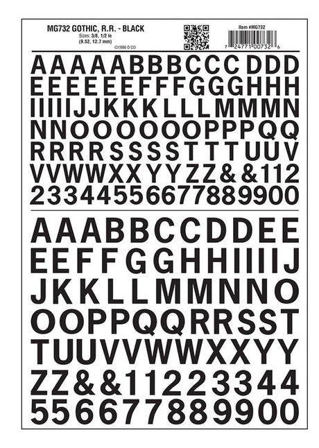 Dry Transfer Alphabet & Numbers - Railroad Gothic - 3/8 & 1/2"  1 & 1.3cm -- Black