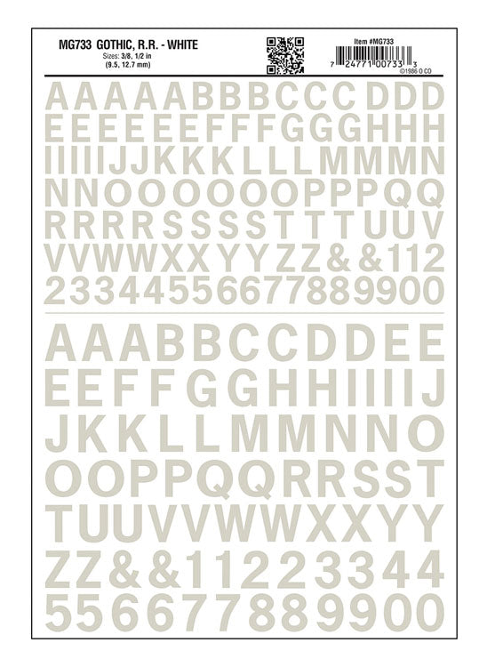 Dry Transfer Alphabet & Numbers - Railroad Gothic - 3/8 & 1/2"  1 & 1.3cm -- White