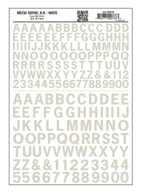 Dry Transfer Alphabet & Numbers - Railroad Gothic - 3/8 & 1/2"  1 & 1.3cm -- White