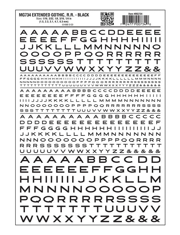 Dry Transfer Alphabet & Numbers - Extended Railroad Gothic -- Black