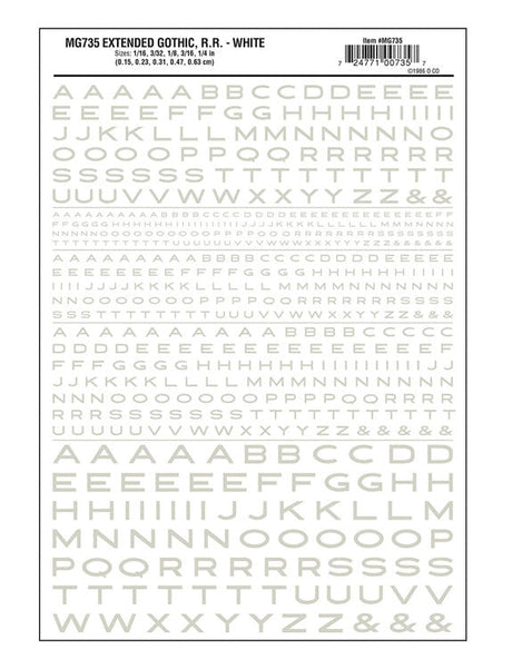 Dry Transfer Alphabet & Numbers - Extended Railroad Gothic -- White