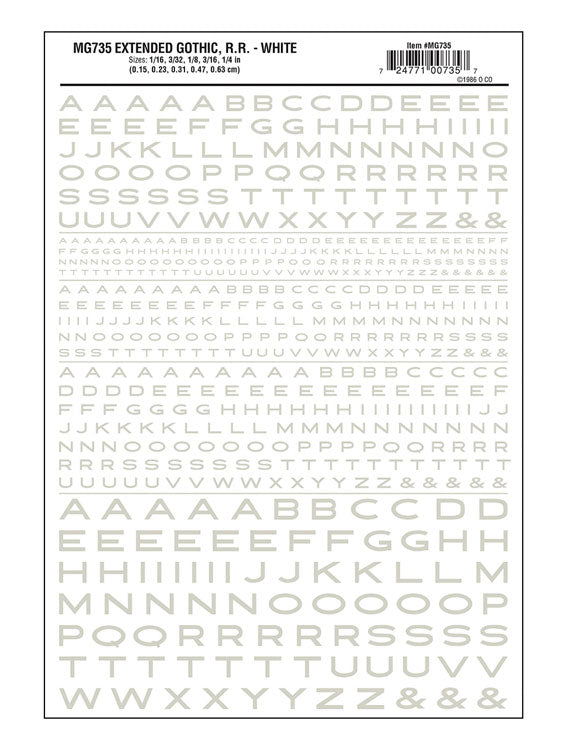 Dry Transfer Alphabet & Numbers - Extended Railroad Gothic -- White