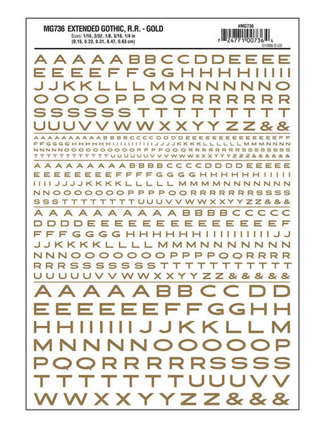 Dry Transfer Alphabet & Numbers - Extended Railroad Gothic -- Gold