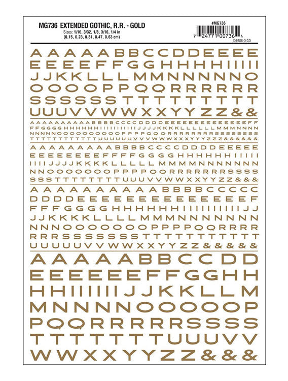 Dry Transfer Alphabet & Numbers - Extended Railroad Gothic -- Gold