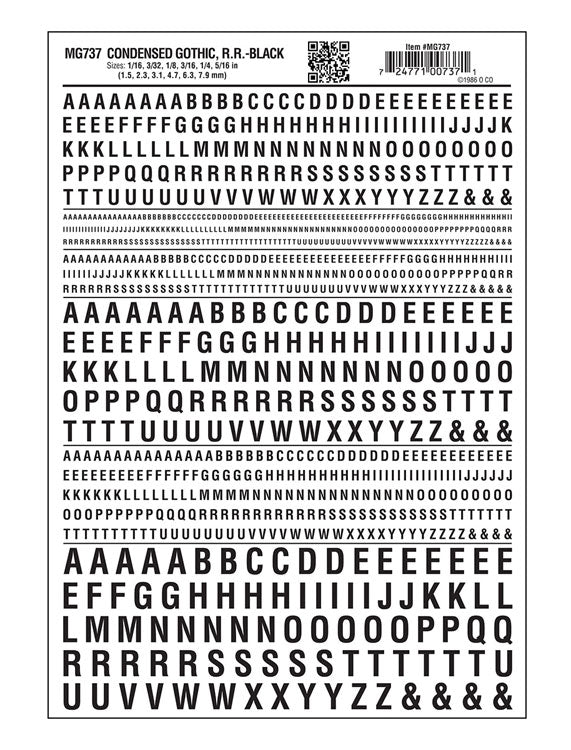 Dry Transfer Alphabet & Numbers - Condensed Railroad Gothic -- Black