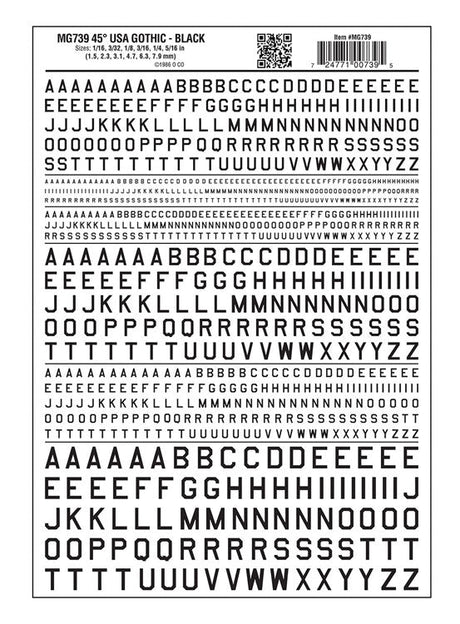 Dry Transfer Alphabet & Numbers - 45-Degree USA Gothic (Military Style) -- Black
